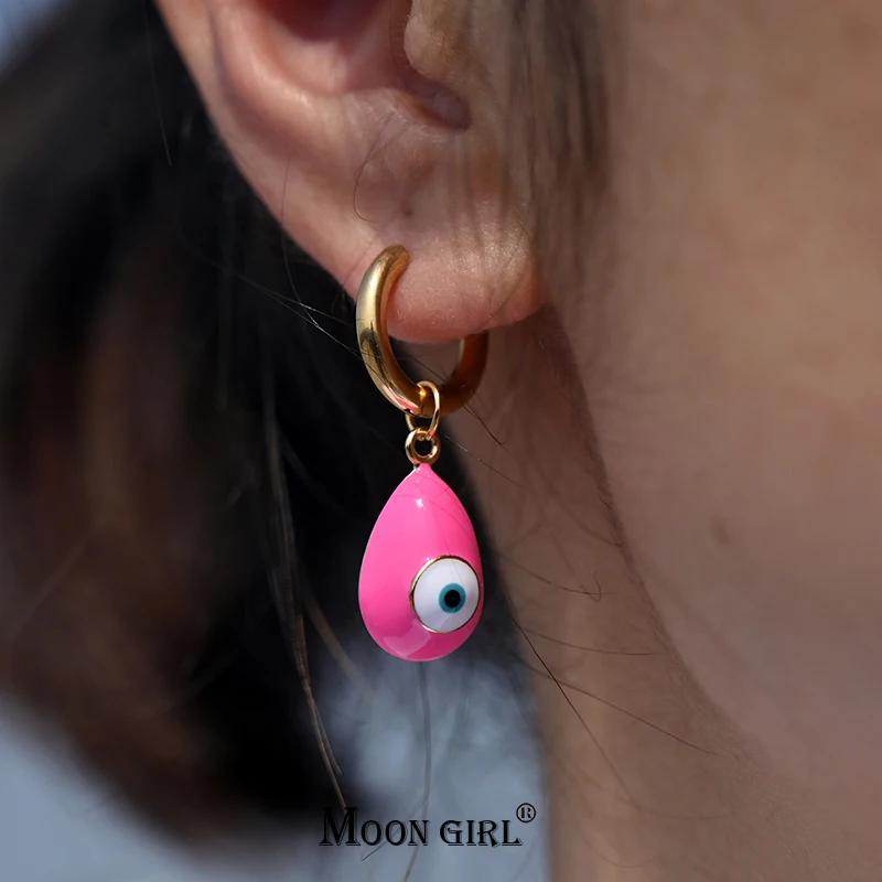 

Яркие турецкие серьги-подвески в виде глаз, серьги-кольца из нержавеющей стали, Простые Модные серьги золотого цвета в виде полумесяца для д...