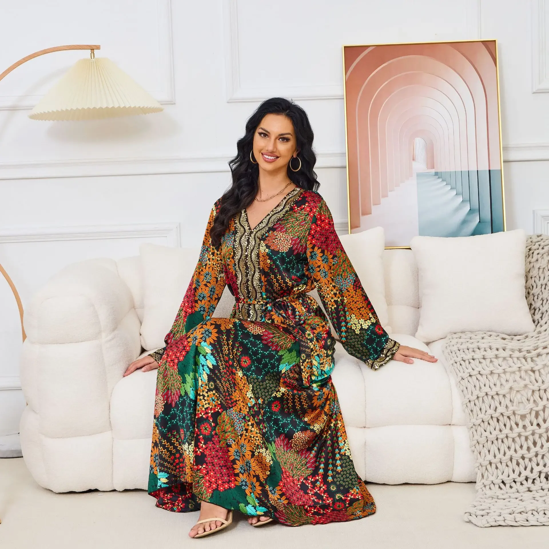 Платье с принтом для женщин модная мусульманская Абая повседневная v-образным