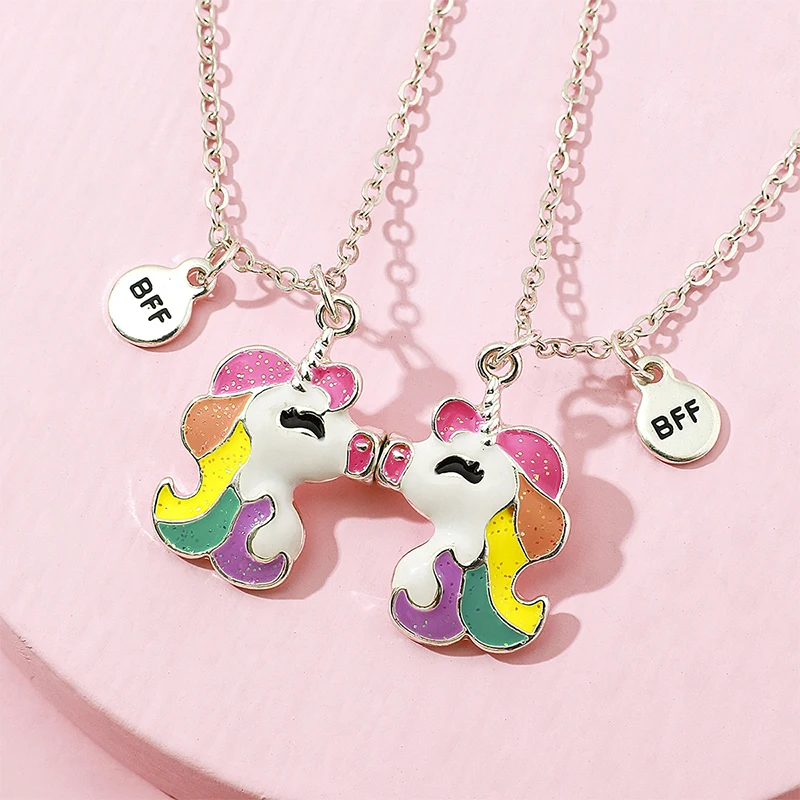 

2Pack Cute Kissing Unicorn Pendant Best Friends Necklace Alloy Drip Oil Magnetic for Kids Girls Friendship Gifts