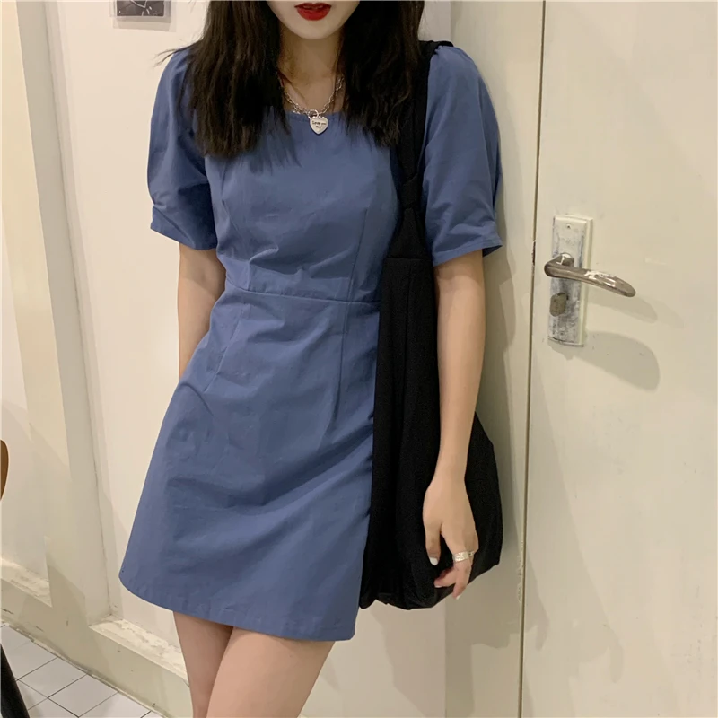 

Elegant Sweet Summer Korean Fashion A-line High Waist Thin Kawaii Mini Dress Harajuku Vintage Short Puff Sleeve Backless Dresses