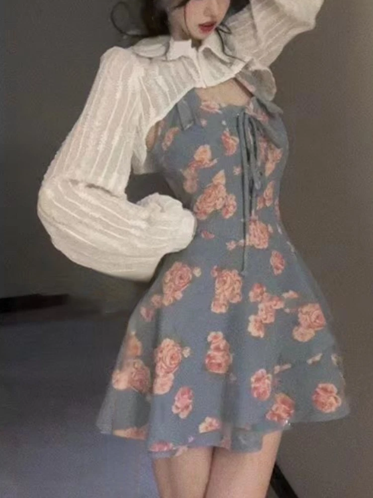 

Floral Sweet Mini Dress + New Elegant Fashion Blouse 2 Piece Dress Set Casual Slim Sleeveless Sexy Dress for Women Summer 2022