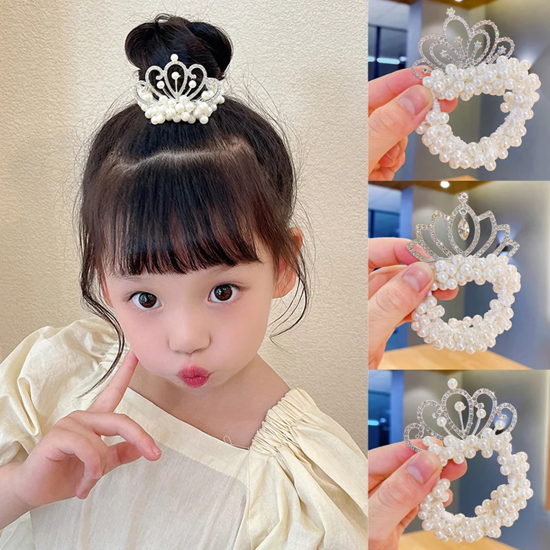 

Fashion Kids Princess Hair Bands Pearl Crown Elastic Rubber Rings Children Ball Hair Bun Rope Ties Hair Styling Accessories
