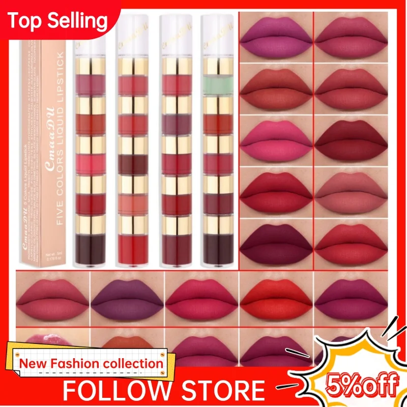 

5 In 1 Velvet Sexy Red Lip Tint Matte Lipstick Kit Combo Non Stick Cup Lip Gloss Lip Oil Makeup Beauty Lips Cosmetics Set