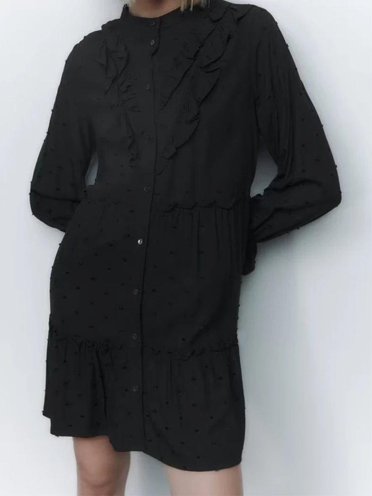 

Women Dotted Ruffle Black Dress Vintage Long Sleeve Female Autumn Dress Casual Loose Short Vestido