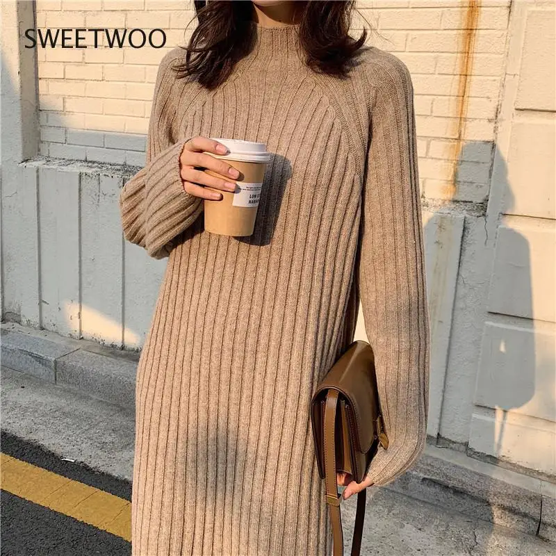 

Women Winter basic Long Sweater Dress Turtleneck long sleeve Elegant solid color brief slim Knitted dresses pullovers