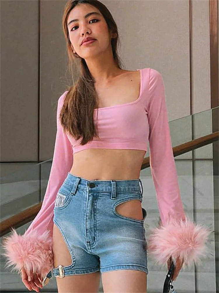 

Женские футболки CHRONSTYLE с открытым пупком, топы с длинным рукавом и меховыми перьями в стиле пэчворк, Повседневная весенне-летняя уличная Кл...