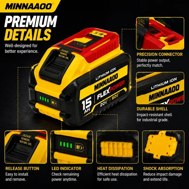 Фото Для аккумуляторной батареи Dewalt 20V MAX 15Ah 12Ah 9Ah литий-ионного типа для электроинструментов, высокой емкости и длительного срока службы. №4