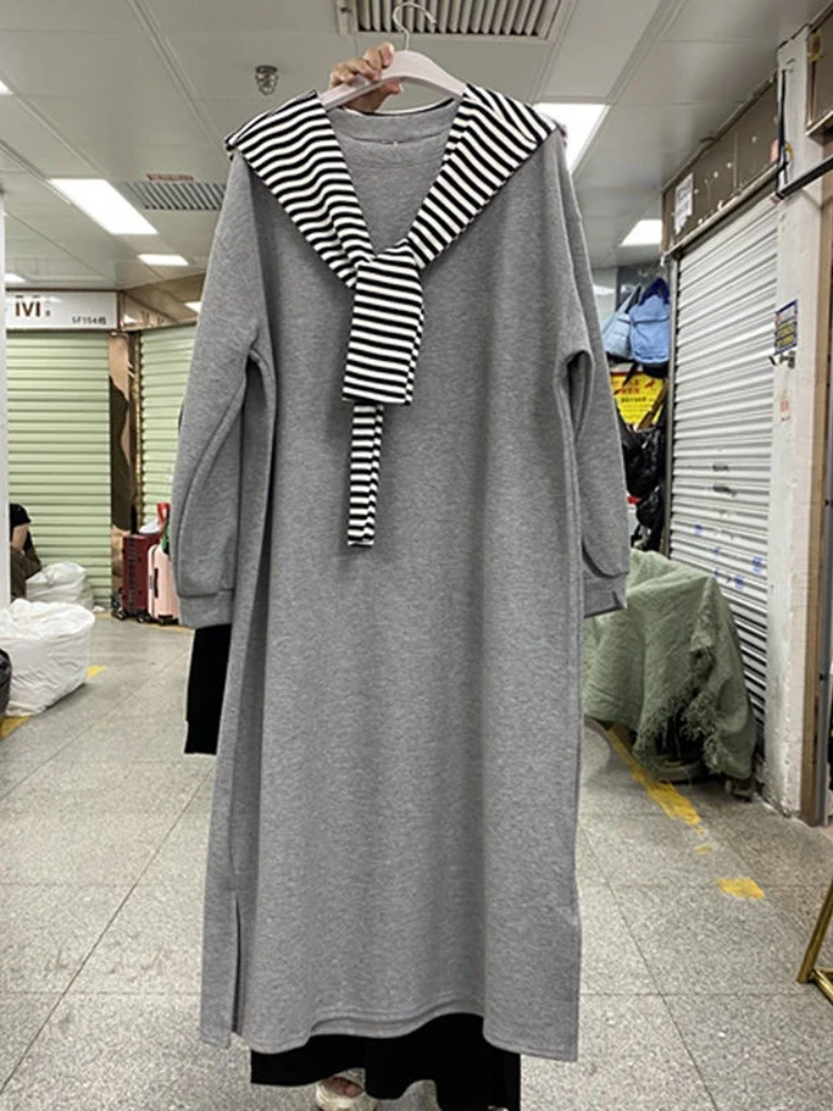 

Fall 2022 Women Clothing Fashion Loose Round Neck Long Sleeve Striped Shawl Long Sweatshirt Dress Elegant Casual Women's Dresses