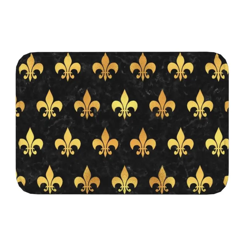 

Royal Gold Black Marble Fleur De Lis Front Door Mat Outdoor Quick Dry Lily Floral Doormat Floor Bath Entrance Rug Carpet