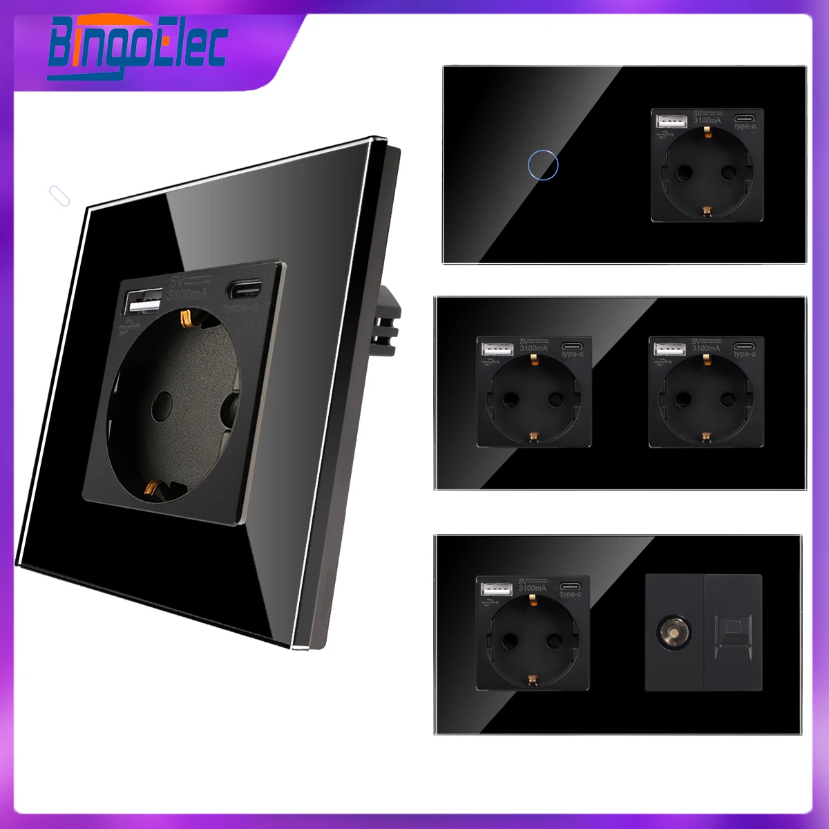 

Bingoelec EU Standard Wall Socket with USB TV Computer Internet Rj45 Network Connector Black Glass Panel for Home Improvement