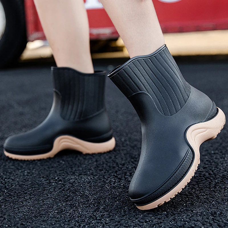 2023 Women's Rain Boots Ladies' Rubber Flat Shoes PVC Macaroon Mixed-color Waterproof Non-slip Outdoor Leisure Plus Size