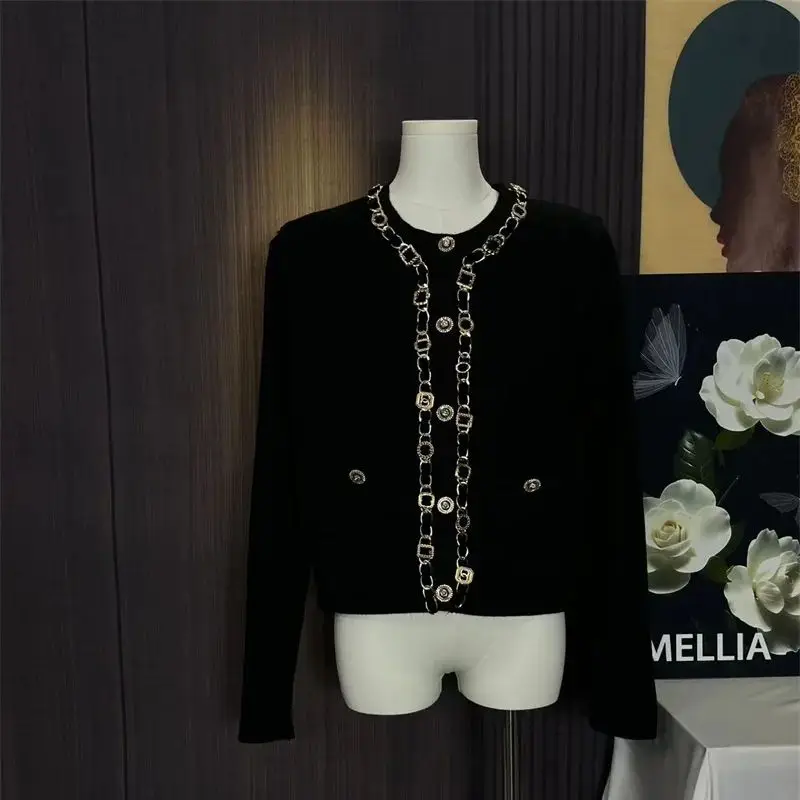 luksusowy metalowy łańcuszek kaszmirowy sweter damski z długim rękawem Vintage guziki dzianinowy wełniany płaszcz elegancki top biurowy J809