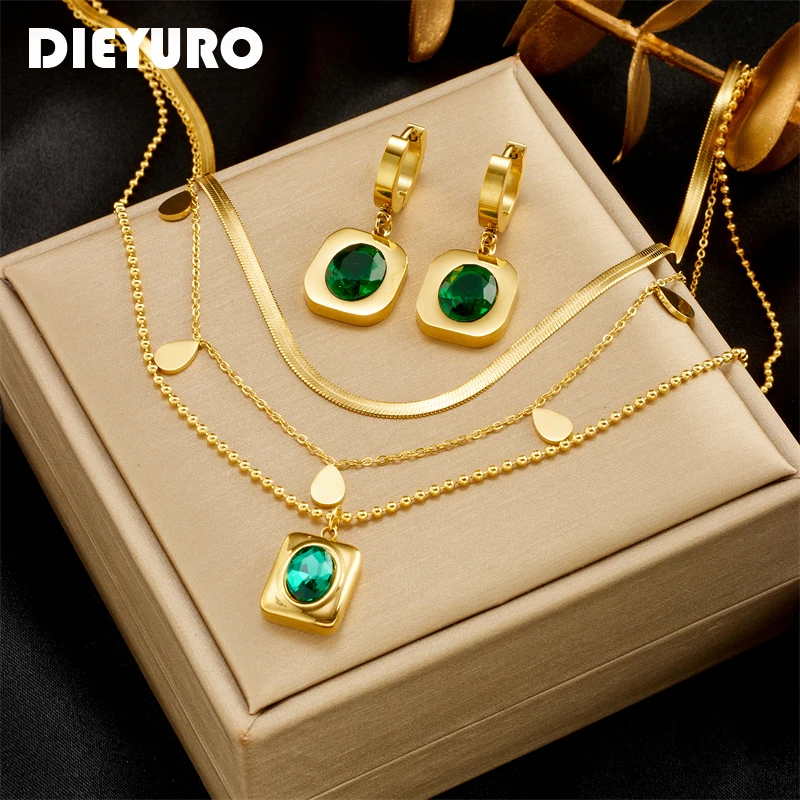 

DIEYURO 316L Stainless Steel Oval Green Crystal Charm Necklace Earrings For Women Girl New Trend Non-fading Jewelry Set Gift