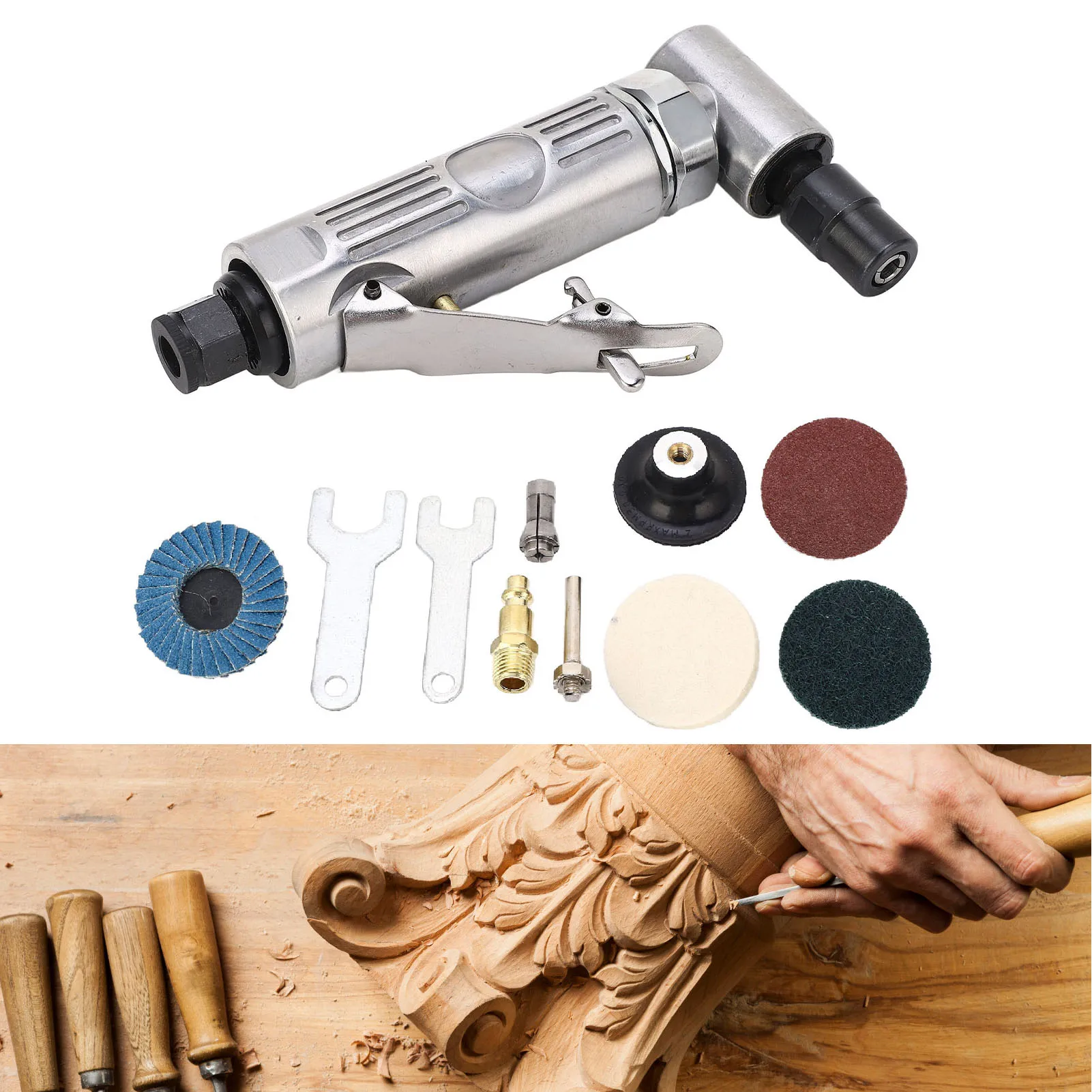 11Pcs Pneumatic Grinding Set Right 90 Degree Angle Air Die Grinder 0.3HP Motor 1/4 1/8 Chuck Adjustable Speed 20000RPM