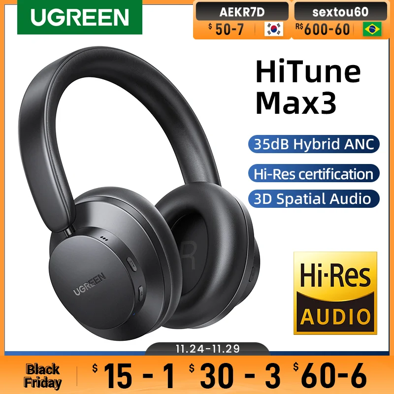 UGREEN HiTune Max3 Hybrid 35dB ANC Active Noise Cancelling Headphones Wireless Over Ear Bluetooth Earphones, 3D Spatial Audio