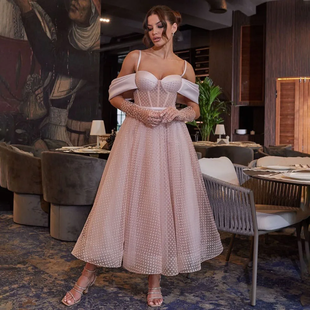 

Пыльное розовое Тюлевое вечернее платье миди ТРАПЕЦИЕВИДНОЕ с открытыми плечами короткое вечернее платье для женщин пикантное коктейльное платье на бретелях-спагетти