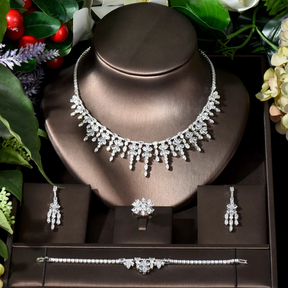 Fashion Statement Leaf Flower Drop Cubic Zirconia Necklace Earrings Women Wedding Party Costume Jewelry Sets for Brides N-497