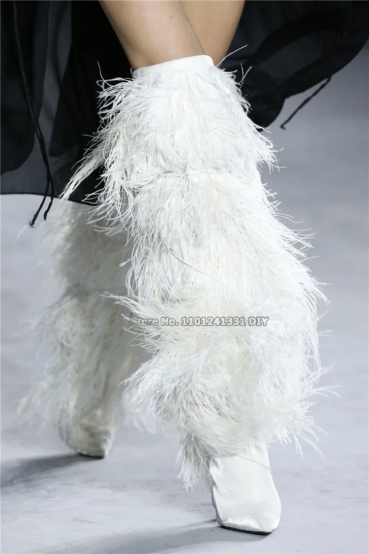 Spike Heeled Blue Black White Ostrich Fur Over The Knee Boots Women High Heel Autumn Winter Tassel Long Boots Plus Size