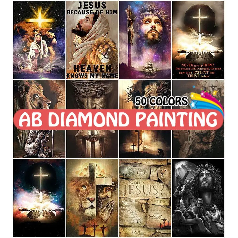 

AB Diamond Painting 50 Colors 5D Diy Religion Jesus Embroidery Lion Cross Stitch Kits Mosaic Portrait Wall Sticker Home Decor
