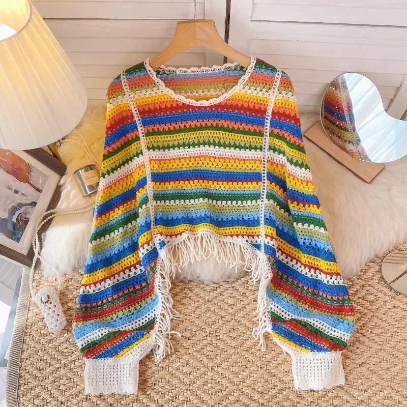 

French Chic Sweaters for Women Tassels Autumn Rainbow Stripe Casual Femme Loose Pullovers Skinny Fashion Woman Sweater Dropshi