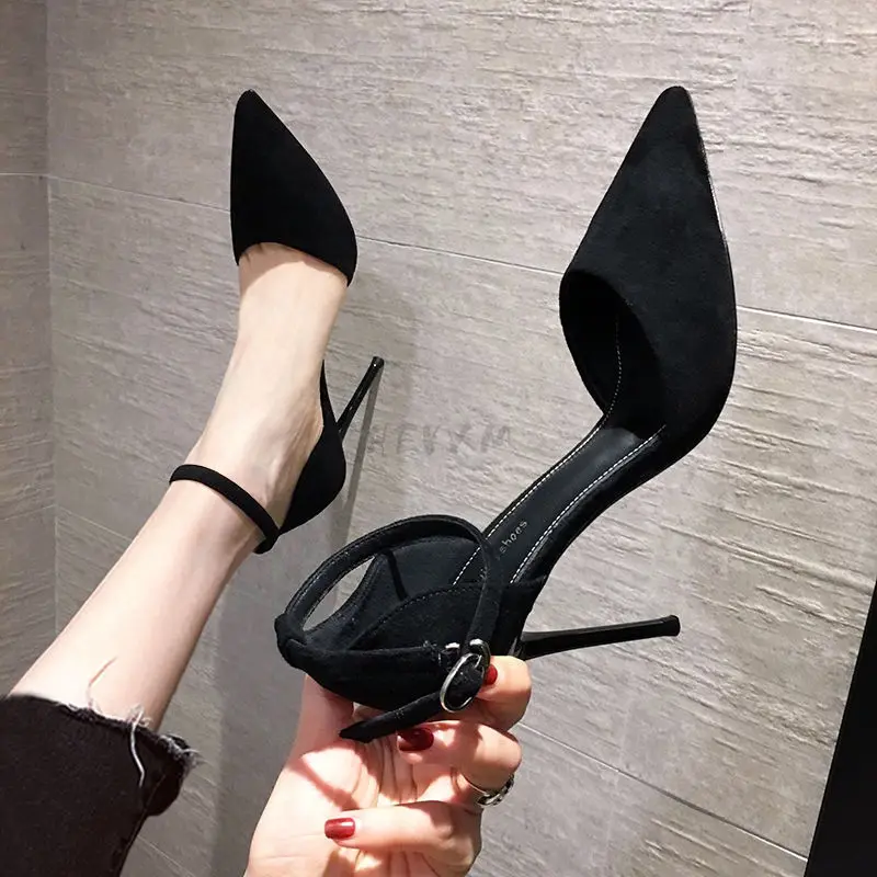 

2022 Spring and Summer New Black High-heeled Sandals French Girl Pointed Toe Stiletto Buckle All-match Women's Single Shoes