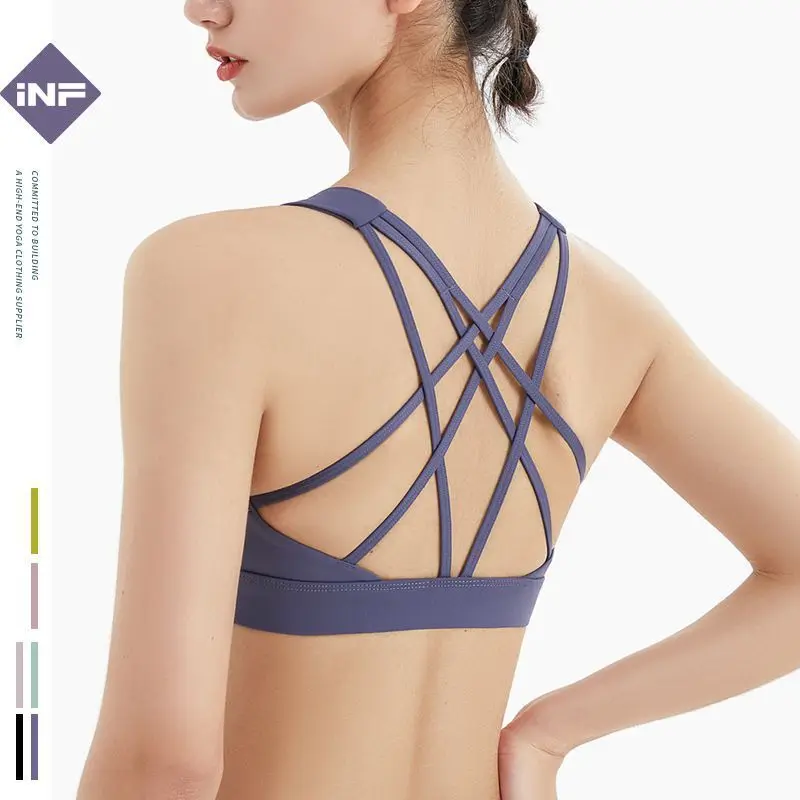 Fitness sports underwear female beauty back wearing yoga clothes vest type shockproof bra sexy cross thin shoulder straps