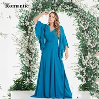 romantic simple a line chiffon prom dresses v neck flare long sleeves mother formal evening gowns plus size bride dress