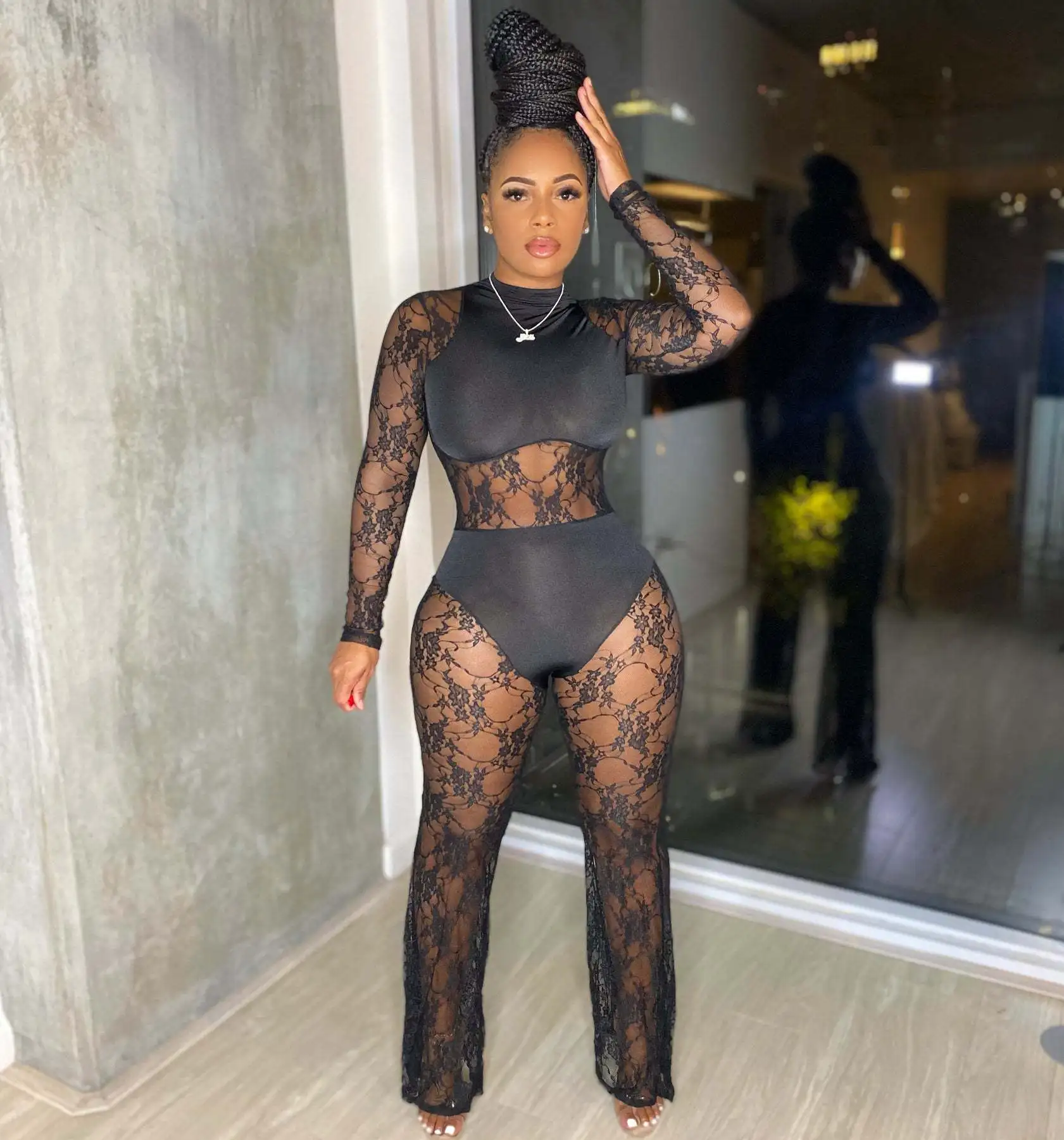 

Women Long Sleeve Stitching Mesh Slim Solid Jumpsuit Autumn New Sexy Nightclub Elegant Style Party Rompers