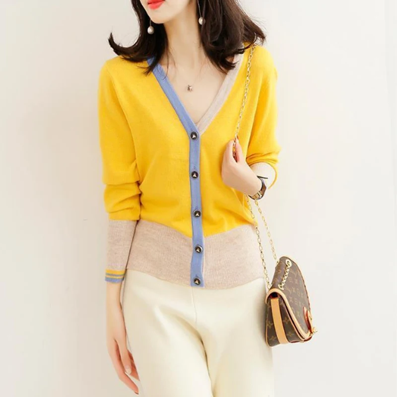 

Женский трикотажный кардиган на пуговицах, Длинный Облегающий кардиган контрастной расцветки в Корейском стиле, весна-осень