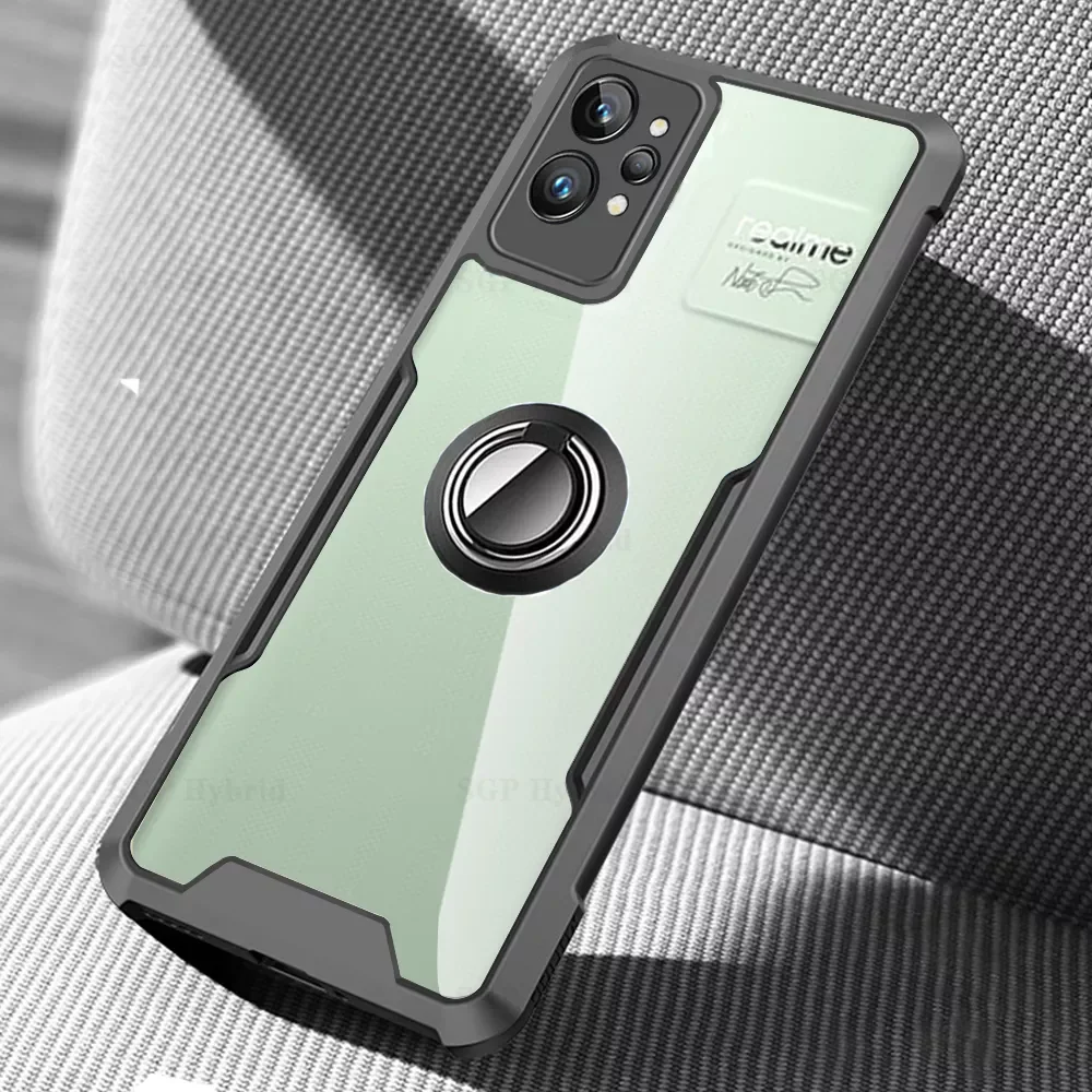 

For Oppo Realme GT2 Pro Shockproof Heavy Acrylic Back Cover Realmi GT2Pro GT 2 Pro Transparent Ring Stand Protective Case Fundas