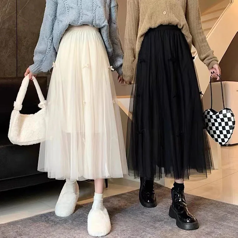

Skirts For Women 2022 Korean Style New Summer Solid Color Stretch High Waist Gauze Skirts Pleated Bows Sweet Midi Skirts