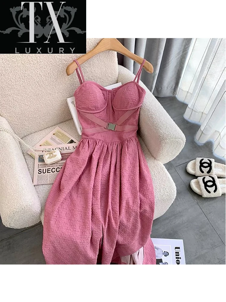

2022 Long Backless Sleeveless Spaghetti Strap Sexy Midi Bodycon V-neck Dress Fashion Pink Women Summer Party Outfits Lady