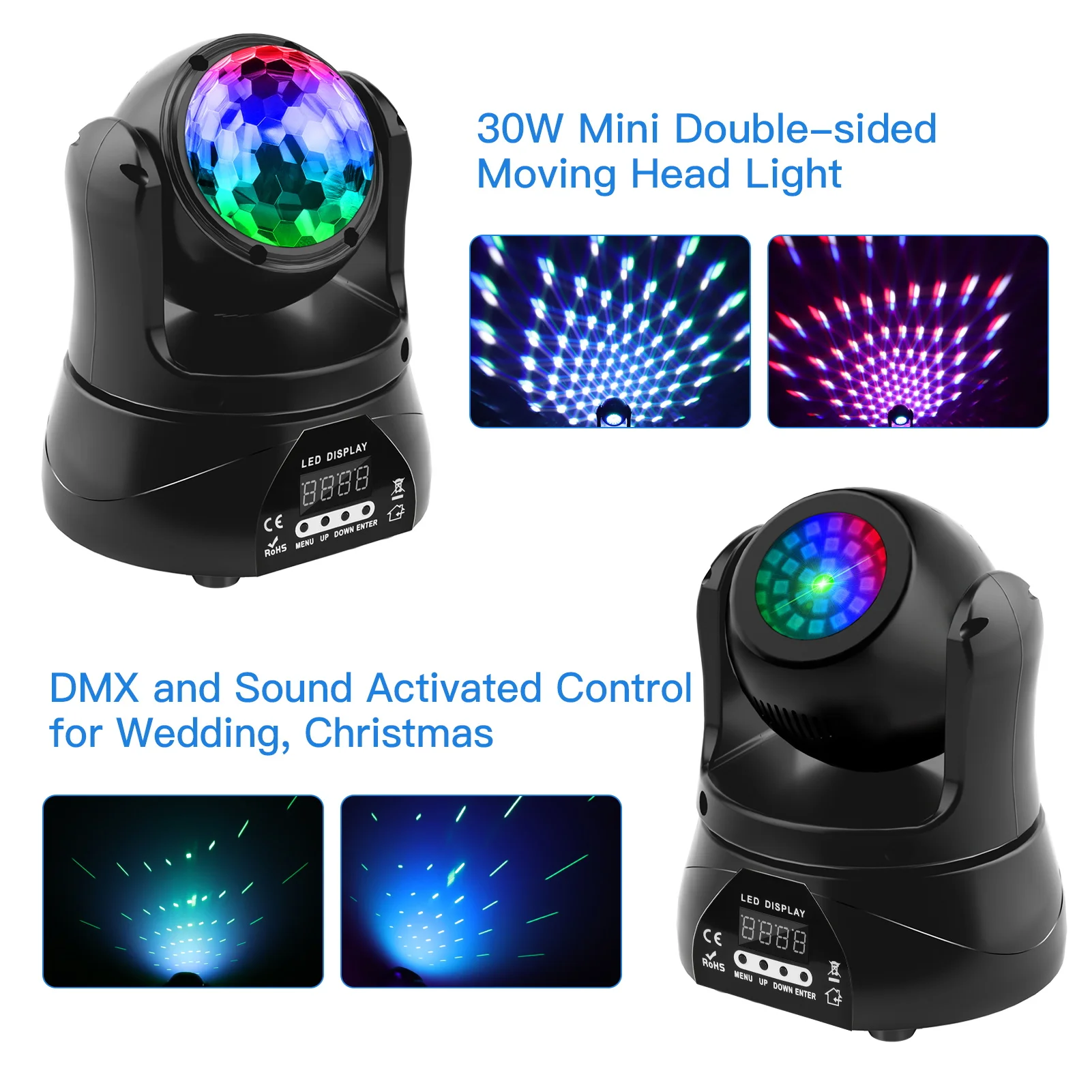 LED Moving Head Light 30W Double Sided Moving Heads DJ Lights with Kaleidoscope DMX Sound Control Spotlight for Wedding Bar