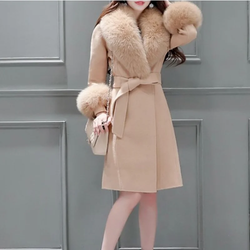 2022 New Winter Slim Long Faux Fur Jacket Women's Fashion Solid Color Mid-length Slim Lace-up Fur Collar Coat Jacket Women Coats