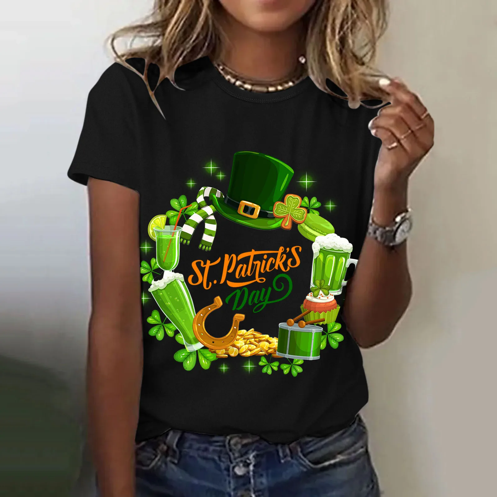 

Черный хлопковый свитер, женский топ на День Святого Патрика, рубашка, Повседневная рубашка с счастливым принтом, короткая Фиолетовая рубаш...