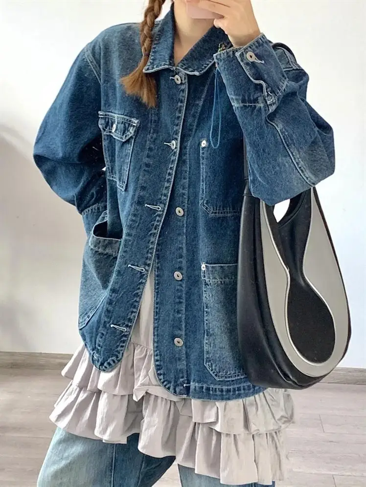 Retro Washed Casual Denim coat Women's Spring and Autumn 2024 New Japan fashion Men's Cargo Denim Clothing Jacket