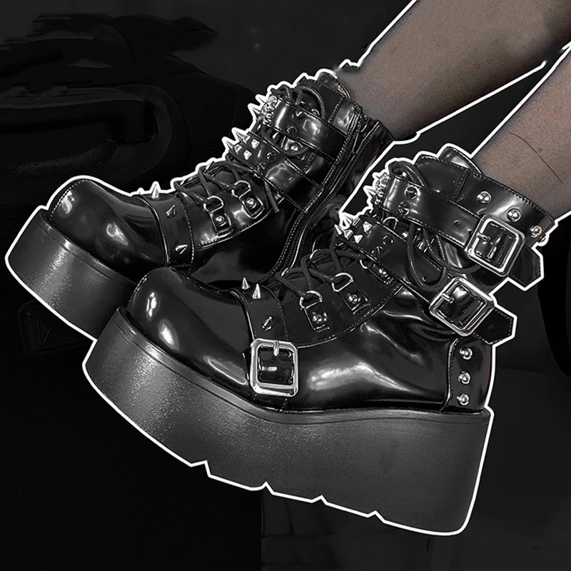 

Rivets Decor Chunky Platform Punk Ankle Boots Women 2023 Winter Pu Leather Black Demonia Boots Woman Metal Buckle Gothic Shoes