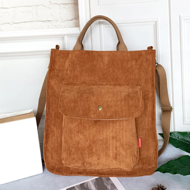 

Вельветовая сумка на плечо для женщин, винтажный рюкзак для покупок на молнии для девушек, студенческий Повседневный тоут с наружным карманом