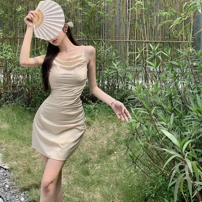 

Pretty Black Satin Dress Women Sexy Irregular Sleeveless Luxury White Dress French Elegant Short Dress 2023 Fairy Dress