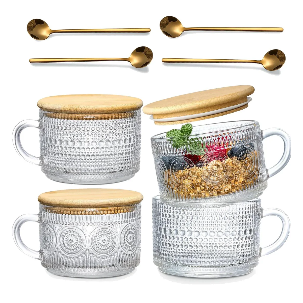 

4Pcs Set Vintage Coffee Mugs, Overnight Oats Containers with Bamboo Lids and Spoons - 14Oz Clear Embossed Glass Cups