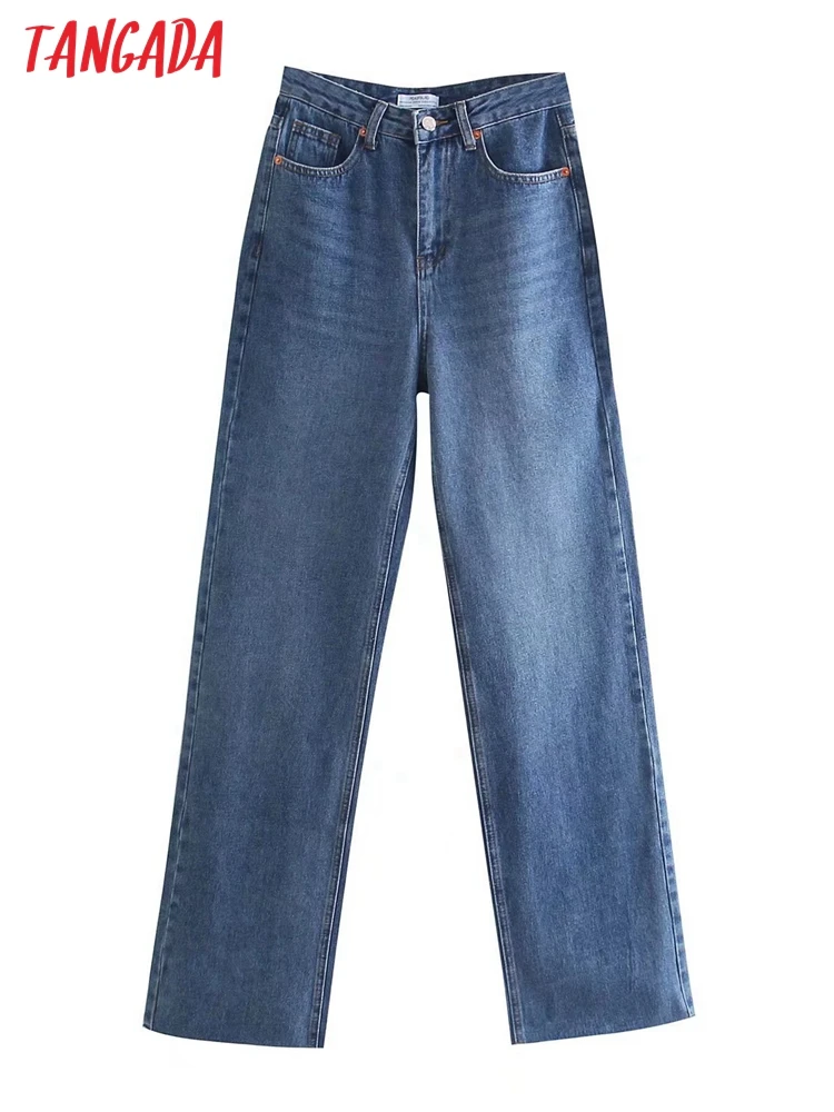 

Tangada 2022 Fashion Women Blue Classic Jeans Pants Long Trousers High Waist Pockets Buttons Female Pants 4M266