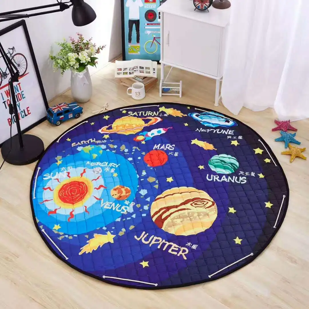 Children Solar System Theme Play Mat Toy Storage Bag Round Storage Floor Mats Cartoon Game Pad Baby Crawl Anti Slip Picnic Mats