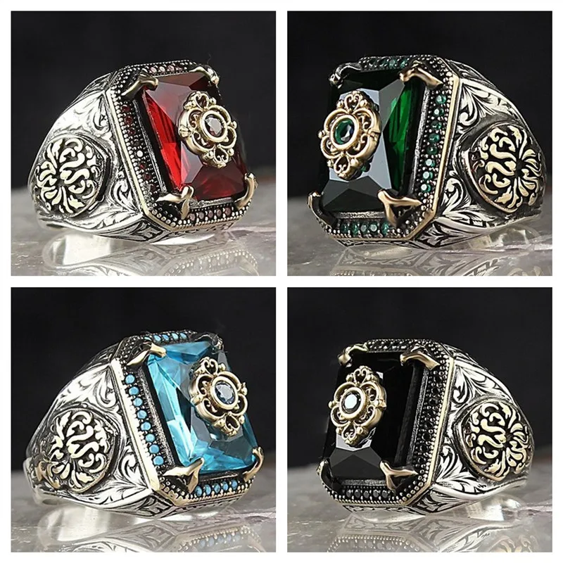 

4 Ccolor Vintage Punk Windmill Ring Silver Color with Red Zircon Stone Fine Jewelry Fashion Rings for Men Gift for Him