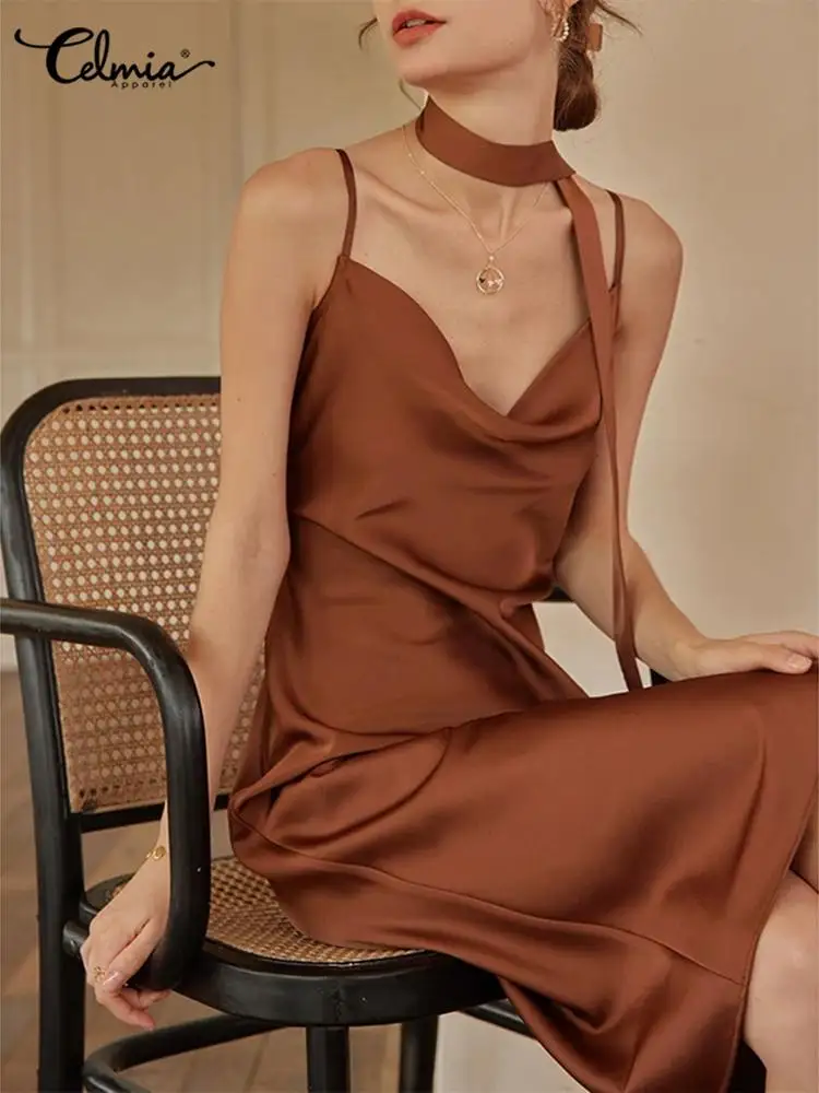 

Celmia Sexy Spaghetti Straps Knee-length Dress Women Sleeveless Cowl Neck Vestidos 2022 Summer Elegant Satin Party Slim Robes