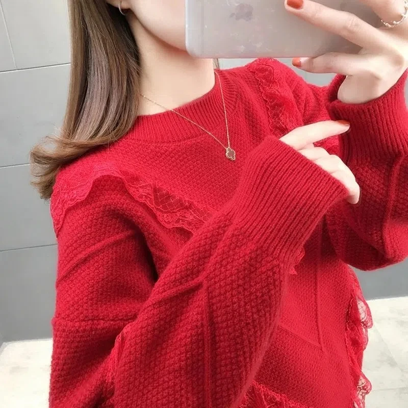 

2023 Autumn Winter Women's High-Neck knitting Sweater Pullover Lace Loose Thick Warm Shirt Long Sleeves Top Red Pink Clothes