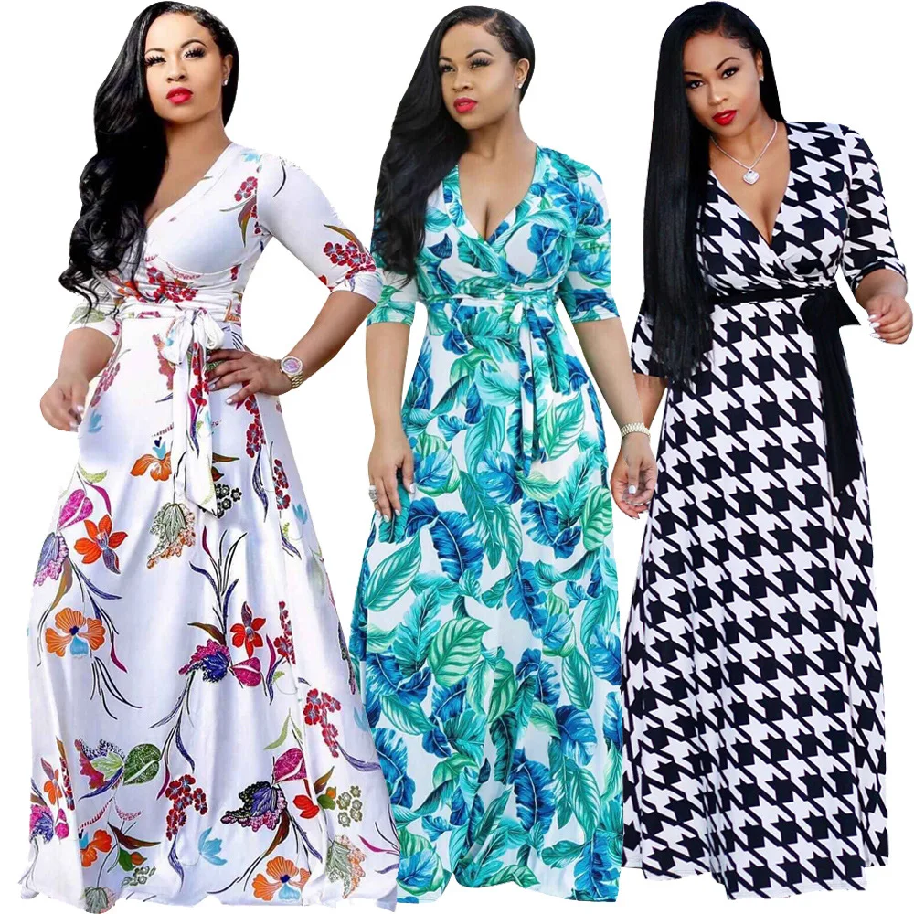 

Women's Summer Sexy V-Neck Short Sleeve Flower Printed Long Dress Plus Size AU