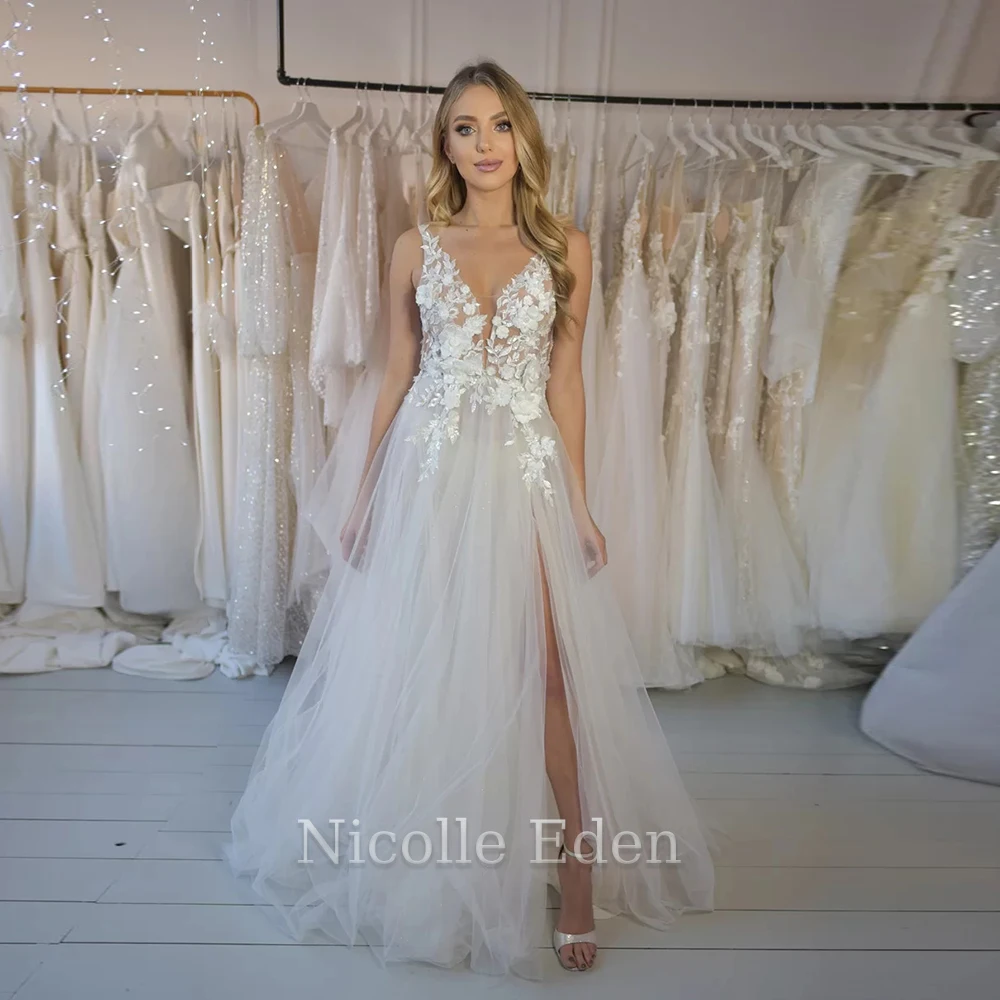 

Nicolle Eden Sleeveless Backless V-Neck Wedding Dresses Lace Appliques Formal Bride Gown Vestido De Casamento Custom Made
