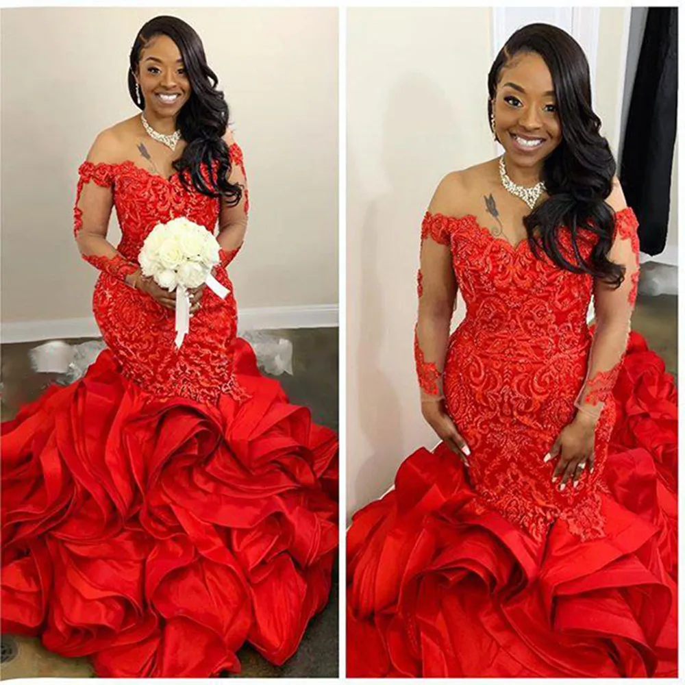 

Charming Red Lace Mermaid Off Shoulder Sheer Long Sleeve Layered Evening Dress Sequin Applique Formal Party Dress Vestido De Gal