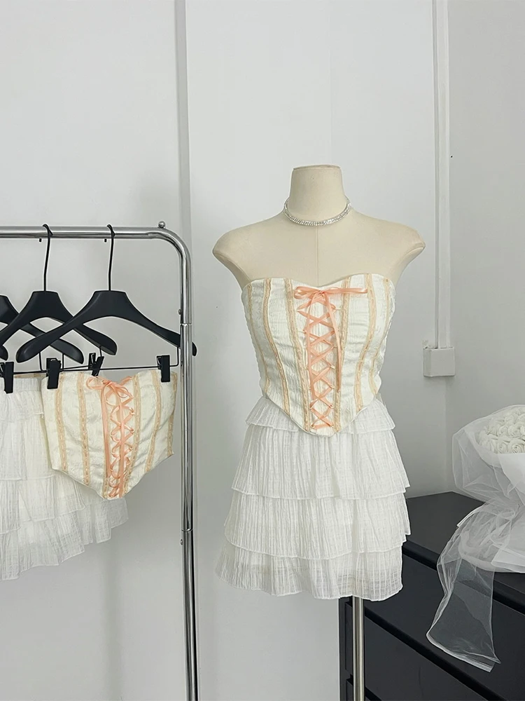 

Женский комплект из двух предметов, бандажный укороченный топ и бальное платье в стиле Харадзюку с оборками, лето 2000