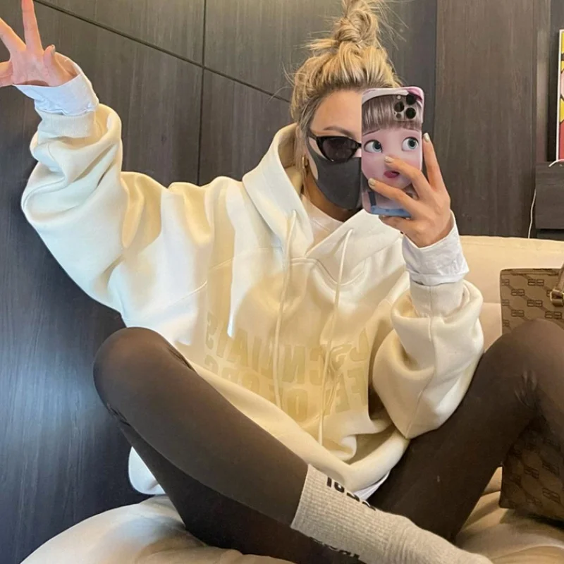 

Women' Clothing Korean Fashion Baggy Beige Khaki Pullover Sweatshirt Letter Print Raglan Sleeves Long Sleeves Hoodie Autumn 2023